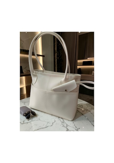 Kadın Tote Shopper Çanta Kontrast Dikiş Ön Cep Ve Cüzdan Detaylı Geniş Hacimli Casual Günlük Omuz Çantası Krem