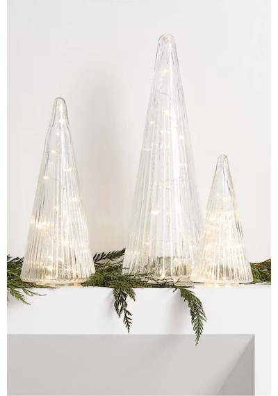 Crate & Barrel Ribbed Clear Glass Christmas Trees Set 3 Modern Cam Ağaçlar Yılbaşı Dekorları Şeffaf