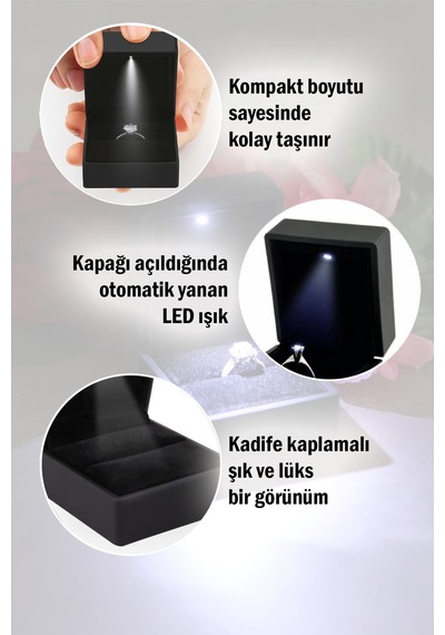 Işıklı Kadife Yüzük Kutusu LED Takı Sunum Kutusu Hediye Evlilik Yıldönümü, Sevgililer Günü 8 cm