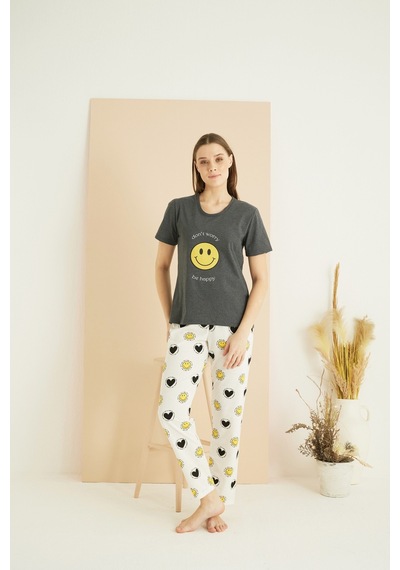Siyah İnci Pamuklu Bisiklet Yaka Örme Pijama Takım25103210 Antrasit