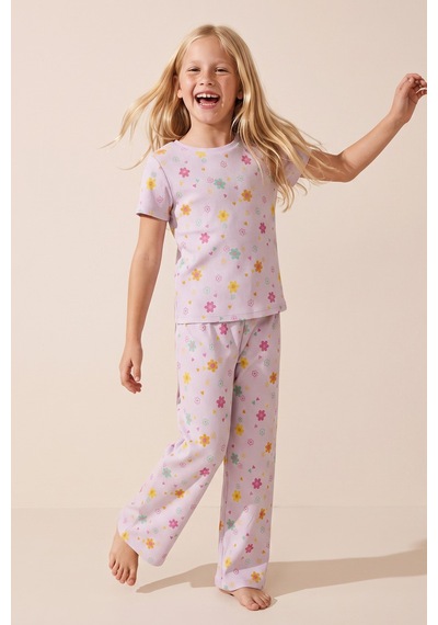 Siyah İnci Pamuklu Fitilli Kaşkorse Örme Pijama Takım 26120402 Lila Renkli Çiçek