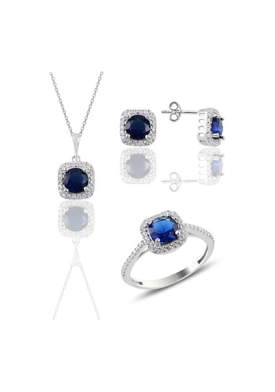 Gümüş Rodyumlu Safir Taşlı Kare Üçlü Set