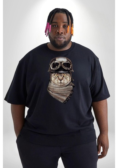 Angemiel Kasket Bandana Motorcu Kedi Siyah Büyük Beden Erkek Kadın Unisex Basic Ön Baskılı Tişört Siyah