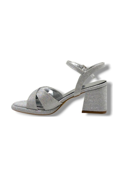 Erbay 405-26 Simli Çupra Kumaş Çapraz Bant Kalın Topuk Kadın Sandalet 7cm Gümüş