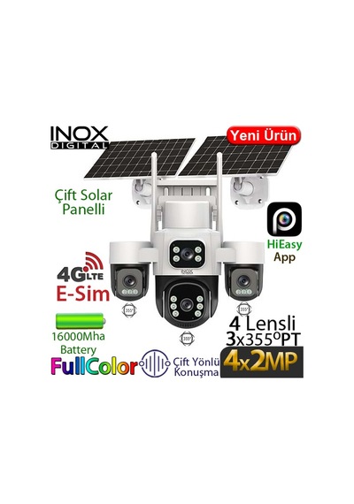Inox X32 4x2mp 4g Dış Mekan Güneş Enerjili Pt Güvenlik Kamerası - 4 Lensli, İnsan Takibi, Çift Yönlü Inox X32 4x2mp 4g Dış Mekan Güneş Enerjili Pt Güvenlik Kamerası - 4 Lensli, İnsan Takibi, Çift Yönlü