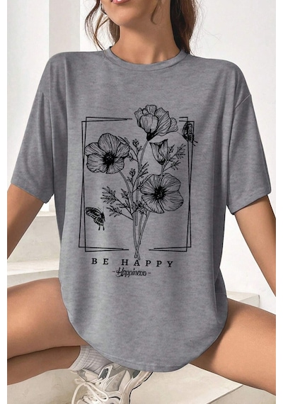 Uyguntarz Unisex Be Happy Baskılı Oversize Tshirt Gri