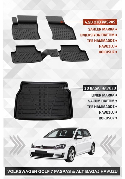 Sahler Volkswagen Golf 7 2013-2020 Uyumlu 4.5d Premium Havuzlu Paspas Ve Liner Marka 3d Alt Bagaj Ha