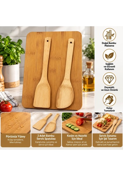 Bambu Kesme Ve Servis Tahtası Seti, 2 Adet Bambu Spatula İle, Doğal Bambu Mutfak Gereçleri, Sebze Ve Meyve Hazırlama Diğer