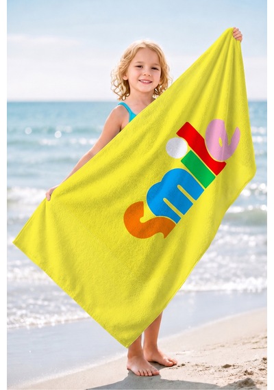 Renkli Smile Yazı Tipografik Plaj Havlusu - Modern Sarı Pop Art Hızlı Kuruyan Mikrofiber Havlu Örtü Serin İncisi
