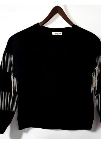 Kız Çocuk Yüzde Yüz Pamuklu İki İplik Zincir Detaylı Sweatshirt-14446 Siyah