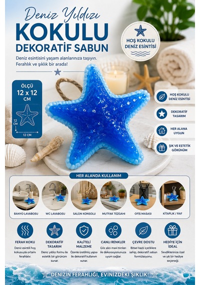 Deniz Yıldızı Dekoratif Kokulu Sabun Deniz Esintili Banyo Salon Ofis Dekoru 12x12 Cm Mavi Renk Akdeniz