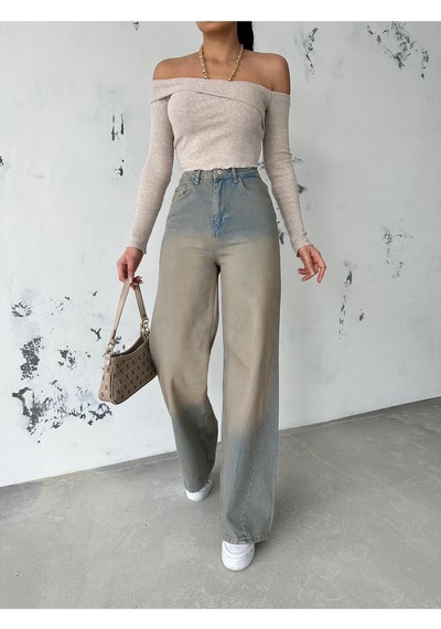 Zeo Basic Denim Baggy Pantolon Yandan Çapraz Dikişli Bej Tintli Bej