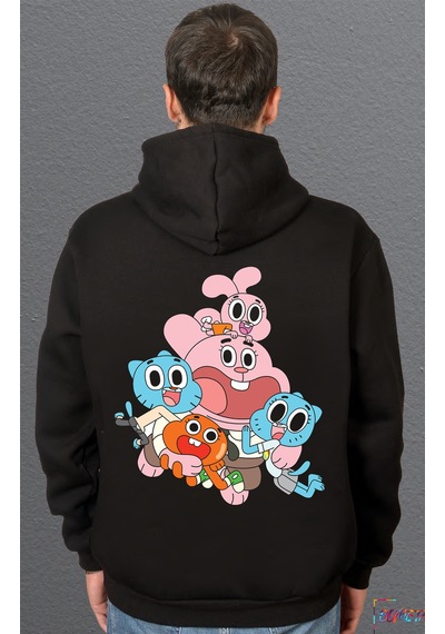 Bumeta Amazing World Of Gumball Baskılı Sweatshirt Unisex Kapüşonlu Hoodie Siyah