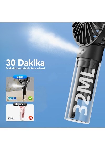 Warmco K31 Su Püskürtmeli Şarjlı El Vantilatörü Taşınabilir Masaüstü Standlı 3 Kademeli Serinletici Mini Soğutucu Fan Pembe