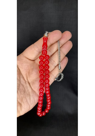 Anemore Collection Çubuk Kehribar Tesbih Kırmızı Renk Küre Kesim T-434
