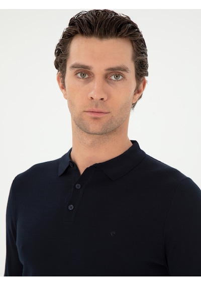Cacharel Lacivert Slim Fit Yün Karışımlı Polo Yaka Basic Triko Kazak