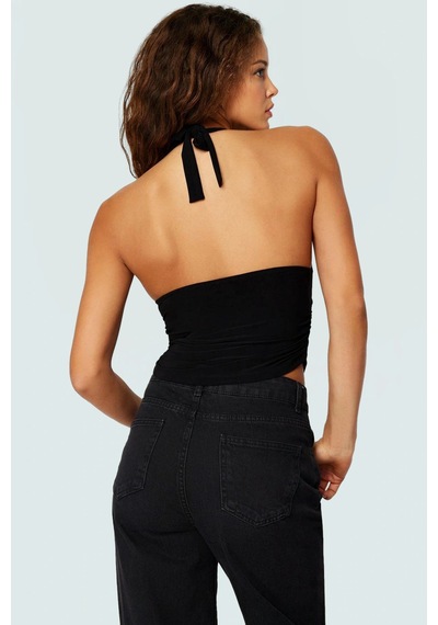 Ersefa Vücuda Oturan Boyundan Bağlamalı Crop Bluz Polyester Elastan Sand siyah