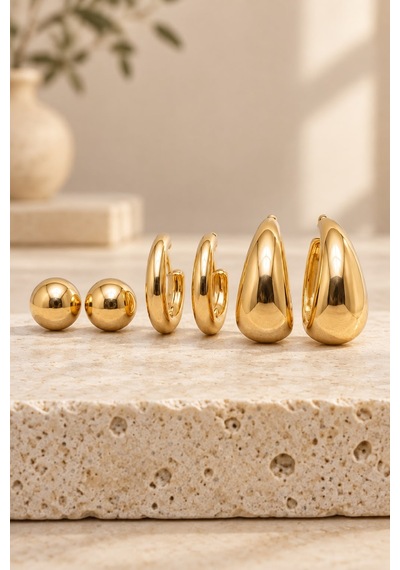 3'lü Kadın Gold Dolgun Küpe Seti - Top Ve Damla Halka Model Çivi Küpe Seti