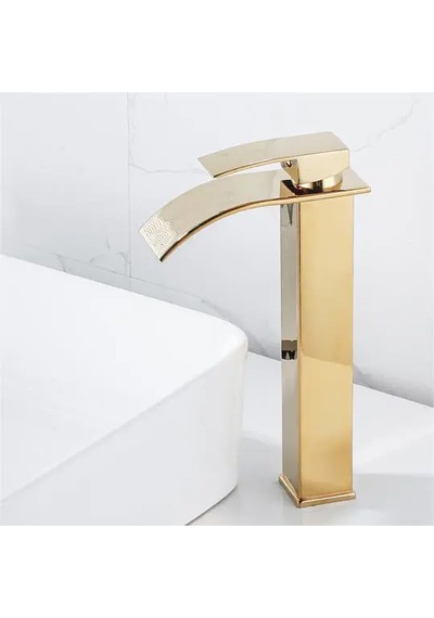 Rena Desıgn Mat Gold Çanak Lavabo Bataryası Oval Çıkış Yüksek Havza Model Uzun Çift Giriş Altın Musluk Banyo Mat Altın