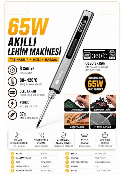 Protap 65w Akıllı Lehim Makinesi Oled Ekranlı Ayarlanabilir 80-420 C Pd/qc Type-c Giriş Taşınabilir Hassas Havya