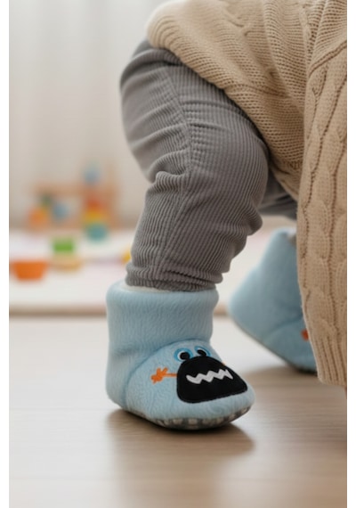 Pufien Çocuk Panduf, Bebek Ev Botu, Hayvan Desenli Sevimli Nakışlı Bebek Panduf - Mikrop Çok Renkli