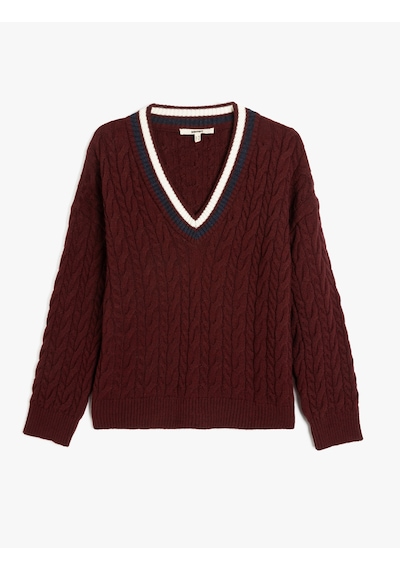 Koton Uzun Kollu Saç Örgü Kadın Oversize V Yaka Kazak Bordo 5wak90766ht Bordo