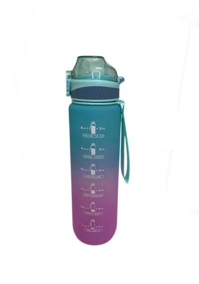 1000 Ml Plastik Motivasyon Matarası Pipetli, Kilitli Ve Taşıma Kulplu Turkuaz - Mor