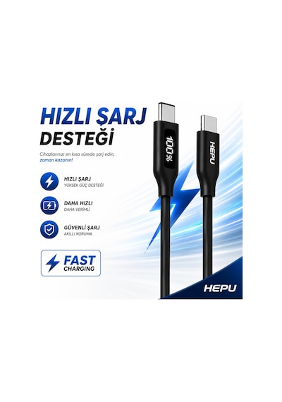 Hepu Hp-120 Type-c To Type-c Kablo 100w Süper Hızlı Şarj + Led Göstergeli 1.2 Metre 0.1 M