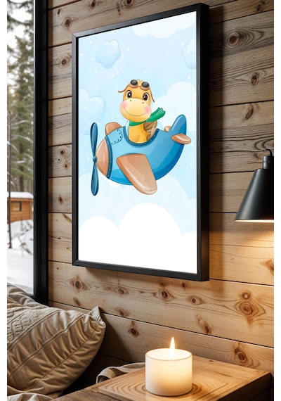 Sevimli Sarı Dinozor Pilot Çerçeveli Tablo - Çocuk Ve Bebek Odası İçin Modern Duvar Dekoru Siyah