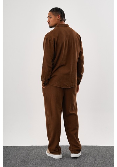 Flare Kışlık Baggy Pantolon Oversize Gömlek Alt Üst Takım %100 Pamuk Kahve