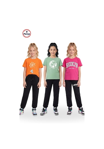 Panios Kids 3 Lü Yuvarlak Yaka Tişörtlü Baskı Detaylı Kız Çocuk 6 Parça Alt Üst Takım Turuncu - Mint Yeşili - Fuşya