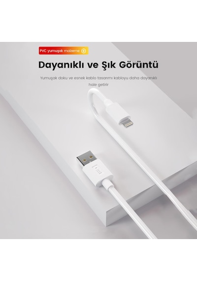 DM SL010 USB to Lightning Apple iPhone Uyumlu 2.4A Hızlı Şarj ve Data Kablosu Beyaz 1 Metre
