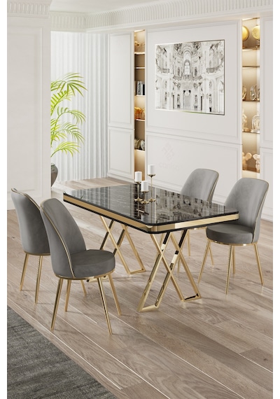 Canisa Vals Serisi 80x130 Lak Panel Siyah Mermer Desen Masa Takımı Gold Ayaklı 4 Gri Sandalye Masa Siyah Mermer Desen Sandalye Gri Canisa Vals Serisi 80x130 Lak Panel Siyah Mermer Desen Masa Takımı Gold Ayaklı 4 Gri Sandalye Masa Siyah Mermer Desen Sandalye Gri