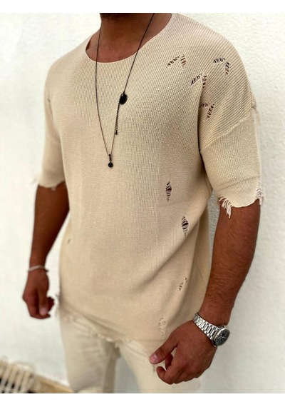Elkumoda Yırtık Detaylı Tişört Lazer Kesim Tshirt-2684