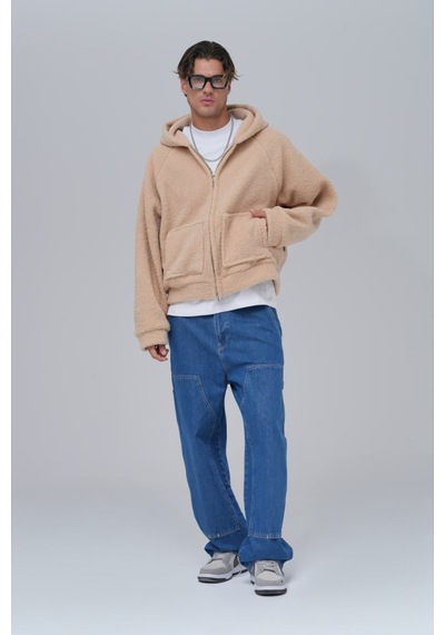 Düz Fermuarlı Cepli Kapüşonlu Unisex %100 Pamuk Sweatshirt Bej