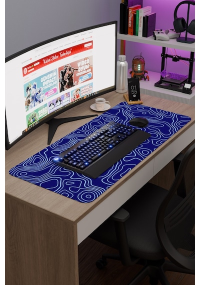Mavi Lacivert 90x40 Xxl Taraftar Gaming Oyuncu Mouse Pad Kaymaz Taban Büyük Fare Altlığı Topography