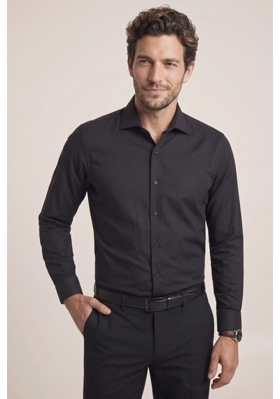 Slim Fit İtalyan Yaka Pamuklu Kolay Ütülenebilir Siyah Gömlek Gk 761
