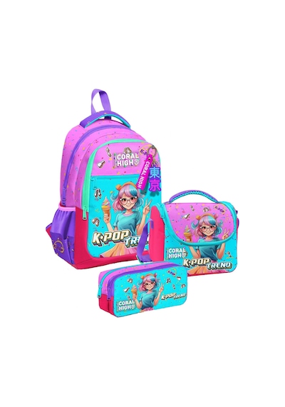 Coral High Üç Gözlü Pembe K-pop Dondurmalı Kız, Kız Çocuk, İlkokul Üçlü Okul Çanta Seti Çok Renkli