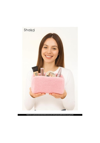 Pembe Shk244 Peluş Kumaş Fermuarlı Tek Bölmeli Seyahat Ve Makyaj Çantası,pembe