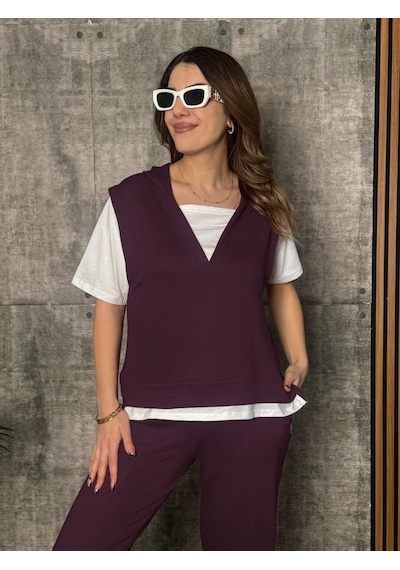 Etiler Collection Kadın Kısa Kollu V Yakalı Kapşonlu Viskon Iki Iplik Bluz Ve Pantolon Takım Bordo Etiler Collection Kadın Kısa Kollu V Yakalı Kapşonlu Viskon Iki Iplik Bluz Ve Pantolon Takım Bordo