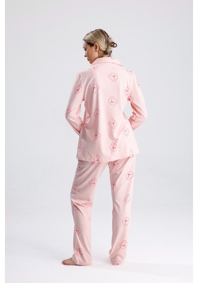 Yeni İnci Ayıcık Desen Pamuk Kadın Pijama Takım Pembe