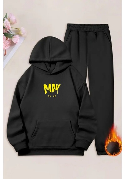 Unisex Siyah Dark Baskılı Eşofman Kapüşon- Kışlık Şardonlu Kumaş Siyah
