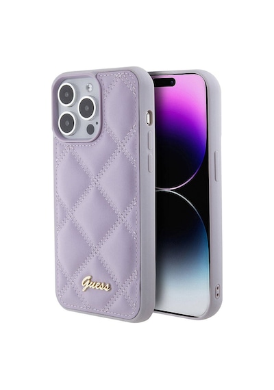 Apple Uyumlu iPhone 15 Pro Max Kılıf Guess Lisanslı Pu Deri Metal Yazı Logolu Kapitone Kapak Siyah