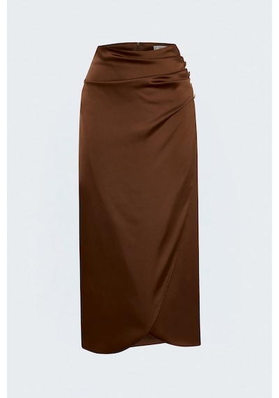 Sateen Düğme Detaylı Saten Etek - Kahve-138036