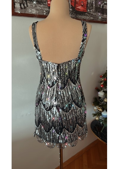 Chica Rosa Fashion Kısa Gümüş Pullu Elbise Gümüş - Siyah