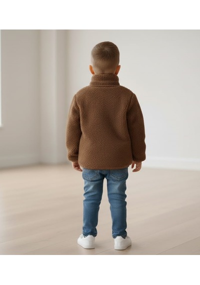 Smalltouch Unisex Çocuk Yumuşak Dokulu Astarlı Fermuarlı Cepli Peluş Hırka Kahverengi