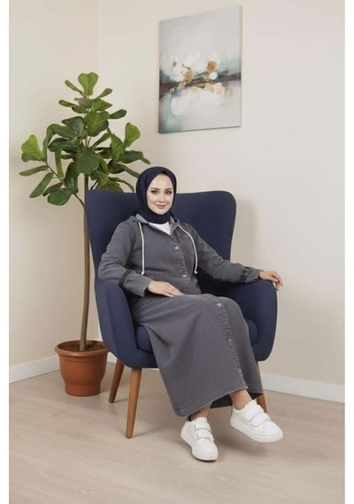 Hb Harma Time Butik Kadın Cepli Düğmeli Kapüşonlu Denim Koyu Gri Trençkot Gri Gri