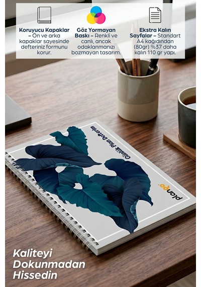 Yapraklar Spiralli Günlük Planlama Defteri - 100 Sayfa - 17x24 Planlayıcı Defter Beyaz - Bej