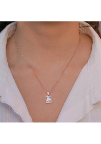 Modagümüşevi 925 Ayar Gümüş Büyük Baget Taşlı Rose Kaplama Kadın Kolye
