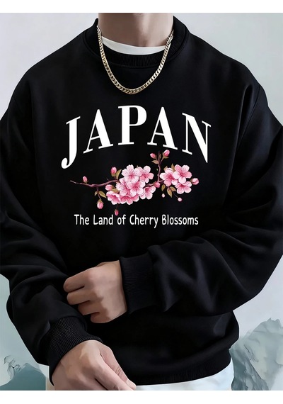 Startmore Tarzsokak Japonya Kiraz Çiçekleri Ülkesi Baskılı Erkek Kapüşonlu Üstleri Sonbahar Bol Sweatshirt Temel Siyah
